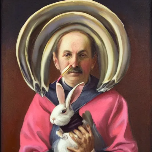 Image similar to priest holding a bunny, bunny has big fangs, priest has ram horns, oil painting