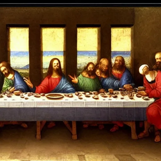 Image similar to last supper painting by da vinci, but they're all looking at their smartphones and not paying attention to each other