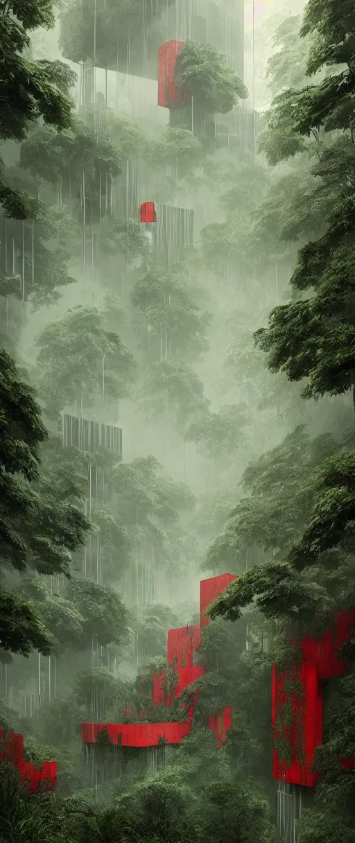 Image similar to brutalist architecture inspired by louis kahn deep in the rainforest. nature is taking over. matte painting by ivan laliashvili. concept art. color scheme green and red. mist. cinematic.