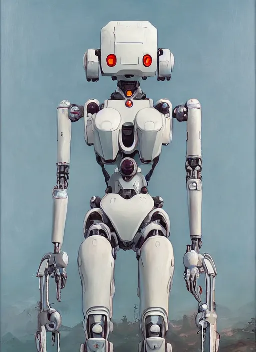 Prompt: an intricate oil painting of a giant pristine white humanoid feminine figure mecha with rounded components by simon stalenhag, inspired by nier : automata, clean white lab background