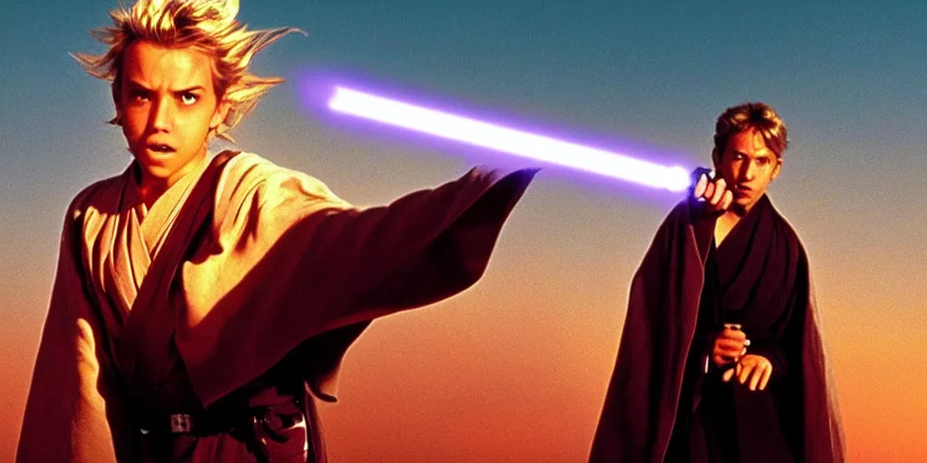 Image similar to !dream A full color still of a teenage blonde Jedi padawan holding the HILT of a lightsaber, looking scared, at golden hour!, from The Phantom Menace, directed by Steven Spielberg, 35mm!!! 1990