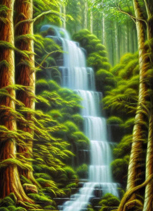 Prompt: waterfall in a forest, an airbrush painting by terry redlin, deviantart, metaphysical painting, airbrush art, detailed painting, oil on canvas