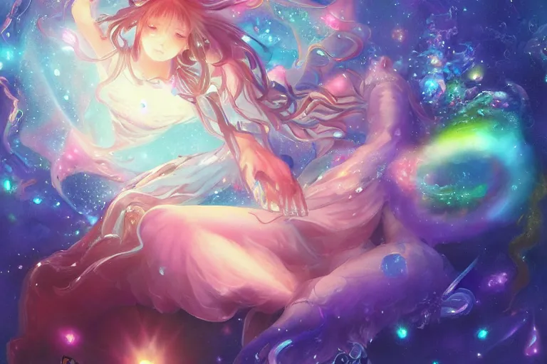 Prompt: yoni, yoni art, psychedelic, whimsical, anime, 4k, beautiful, a crystal and flower, reflective pool, surrounded by gems, underneath the stars, rainbow fireflies, trending on patreon, deviantart, twitter, artstation, volumetric lighting, heavy contrast, art style of Greg Rutkowski and Miho Hirano and Ross Tran