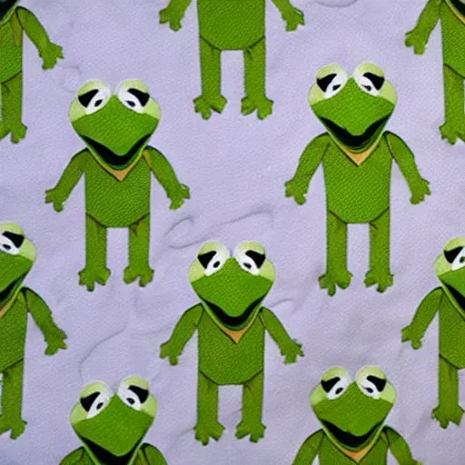 Prompt: “ kermit the frog, reclining on a chaise lounge, with the sun shining in the background, fabric, quilt ”