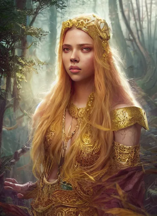 Prompt: Beautiful art portrait of scarlett johannson with long blonde hair, fantasy priestess in a bright temple surrounded by lush forest, atmospheric lighting, intricate detail, cgsociety, hyperrealistic, octane render, RPG portrait, ambient light, dynamic lighting