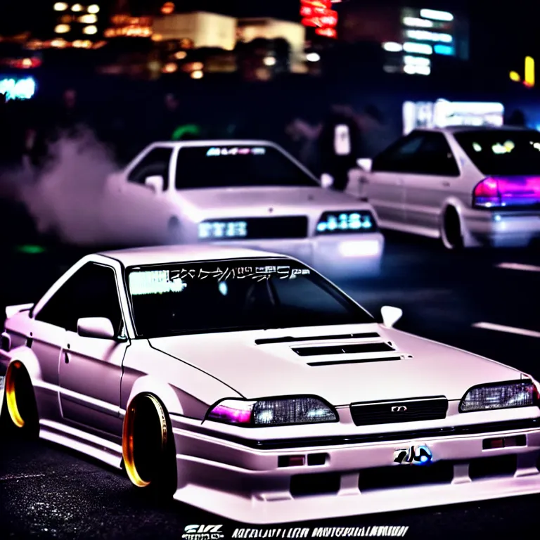 Image similar to a car JZX100 twin turbo drift at illegal car meet, Shibuya prefecture, city midnight mist lights, cinematic lighting, photorealistic, highly detailed wheels, high detail