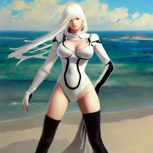 Prompt: greg manchess painting of a 2 yorha type a no. 2 as mercy from overwatch wearing skintight leather jacket in a beach, white long hair, large white wings, painting, trending on artstation, by huang guangjian and gil elvgren and sachin teng