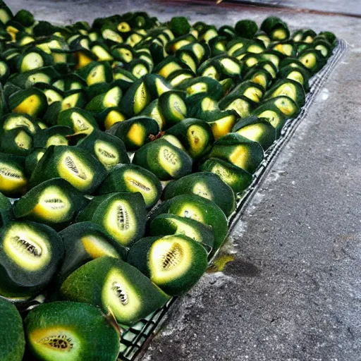 Image similar to the boulevard of broken dreams. The people have kiwifruit instead of heads