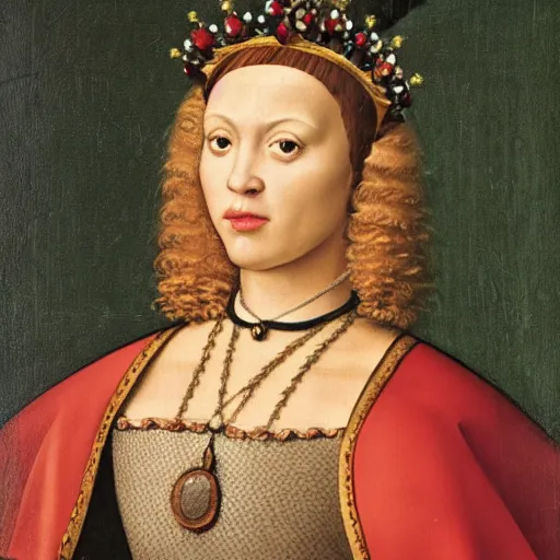 Image similar to a renaissance style portrait painting of Duck, wearing a crown and cape, dark background