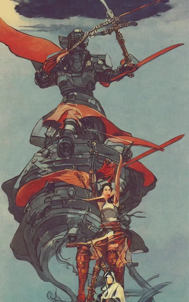 Image similar to on a strange vintage scifi planet, a samurai wizard knight goddess with large sword poses in glory, vintage scifi poster, winslow homer, moebius, roger dean, artstation