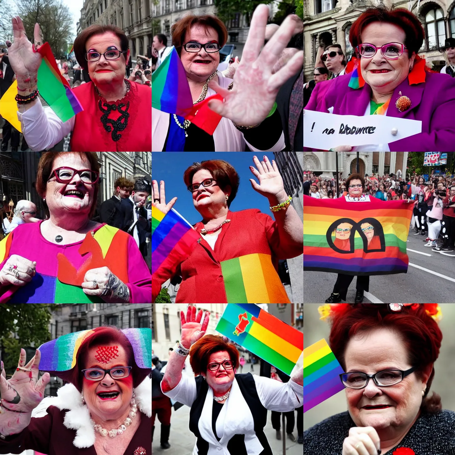 Prompt: Christine Boutin dressed for the lgbt pride, making the sign of the devil with her hands