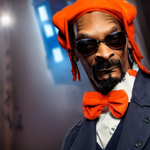 Image similar to snoop dogg as a rough dirty old man with a scruffy beard in a dark blue trenchcoat wearing an orange bowtie as the new doctor who, cinematic, volumetric lighting, f 8 aperture, cinematic eastman 5 3 8 4 film, photorealistic