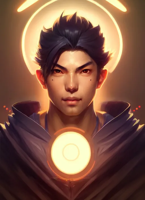 Image similar to symmetry!! portrait of yasuo, league of legends, tech wear, glowing lights!! intricate, elegant, highly detailed, digital painting, artstation, concept art, smooth, sharp focus, illustration, art by artgerm and greg rutkowski and alphonse mucha