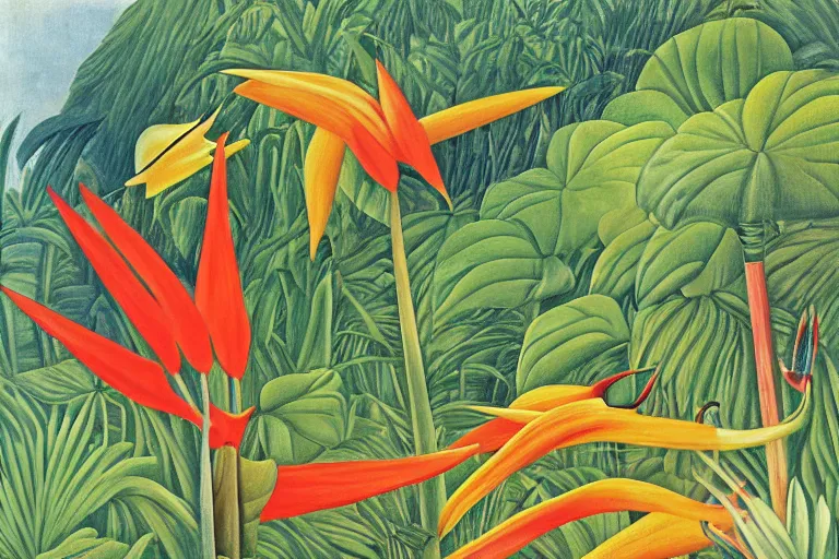 Image similar to heliconia in a garden, art by Henri Rousseau, studio Ghibli