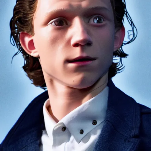 Image similar to tom holland as a rough dirty old man with a scruffy beard in a dark blue trenchcoat as the new doctor who, cinematic, volumetric lighting, f 8 aperture, cinematic eastman 5 3 8 4 film, photorealistic