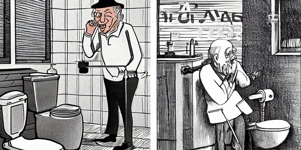 Prompt: An old man in his 80’s with a cane falls in a toilet, illustrated by Stephen Bliss.