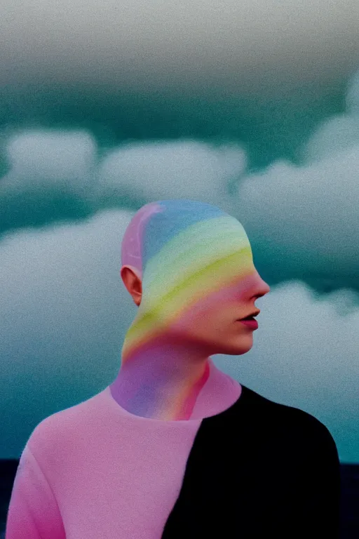 Image similar to high quality pastel coloured film close up wide angle photograph of a model wearing clothing swimming on cloud furniture in a icelandic black rock!! environment in a partially haze filled dreamstate world. three point light, rainbow. photographic production. art directed. pastel colours. volumetric clouds. pastel gradient overlay. waves glitch artefacts. extreme facial clarity. 8 k. filmic.