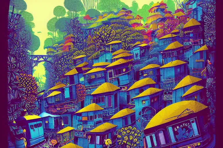 Prompt: surreal glimpse into other universe, ride train to penang hill, summer morning, very coherent and colorful high contrast, art by!!!! gediminas pranckevicius!!!!, geof darrow, floralpunk screen printing woodblock, dark shadows, hard lighting, stipple brush technique,