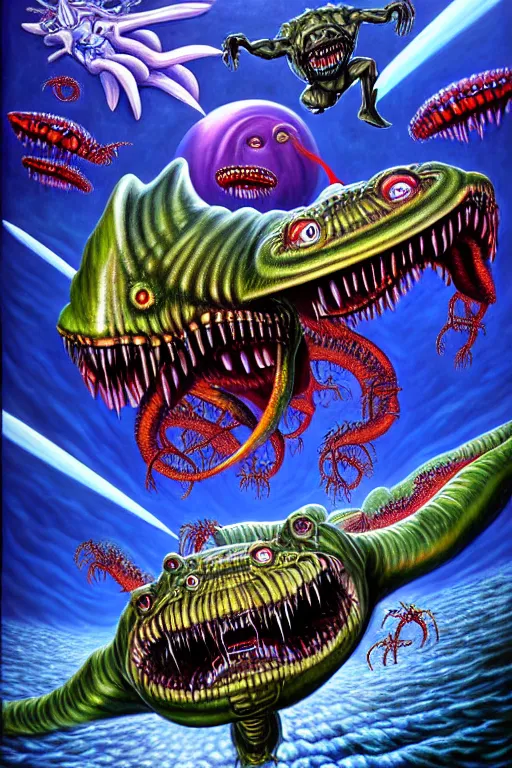Image similar to a hyperrealistic painting of an epic boss fight against a battleship creature vs a flying biological jelly monster, cinematic horror by jimmy alonzo, the art of skinner, chris cunningham, lisa frank, richard corben, highly detailed, vivid color,