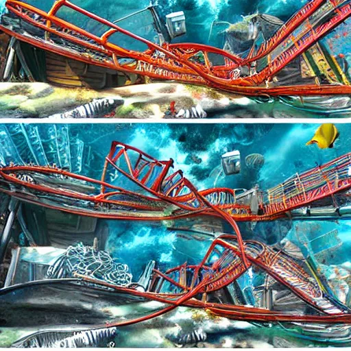 Image similar to underwater roller coaster, photorealistic, detailed