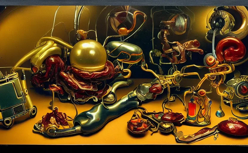 Image similar to strange seductive futuristic robot body, enticing colorful oil painting dutch golden age vanitas still life sparse composition with bulbous objects strange gooey transparent surfaces shiny metal reflections bizarre mutant meat insects rachel ruysch dali todd schorr very detailed perfect composition rule of thirds masterpiece canon 5 0 mm, cinematic lighting, photography, retro, film, kodachrome