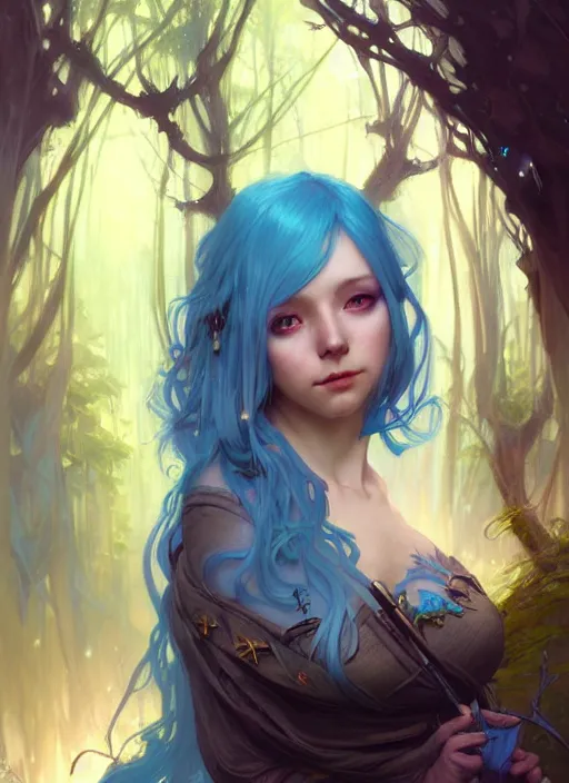 Prompt: stunningly beautiful female blue hair, fantasy art, fae priestess, lush forest landscape, dark light night, sharp focus, digital painting, 4 k, concept art, art by wlop, artgerm, greg rutkowski and alphonse mucha