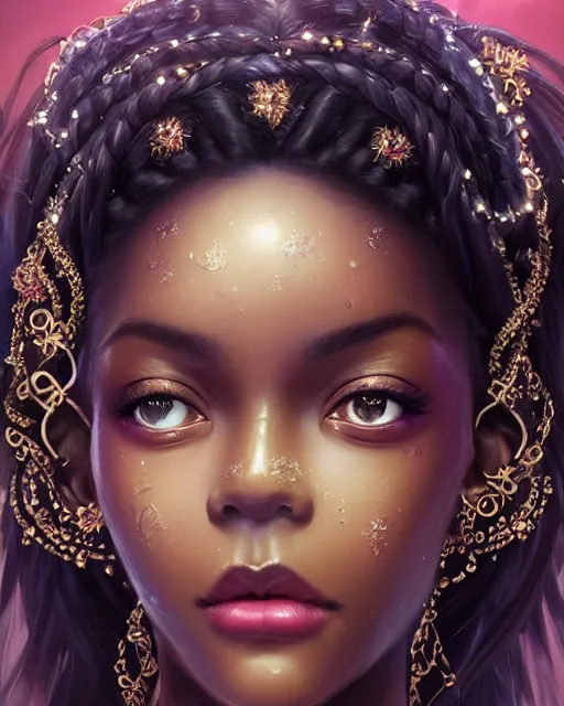 Prompt: fancy side portrait concept art of a gorgeous dark skinned goddess with decorated braided hair and crystals on her cheeks and forehead, by wlop and Ross Tran and sam yang and mandy jurgens and viktoria gavrilenko, identical eyes, gazing eyes, stunning, gorgeous, beautiful eyes medium shot, elegant pose, fantasy, featured on artstation, cinematic lighting, hyperdetailed, cgsociety, 8k, golden ratio, vfx, dramatic, alluring