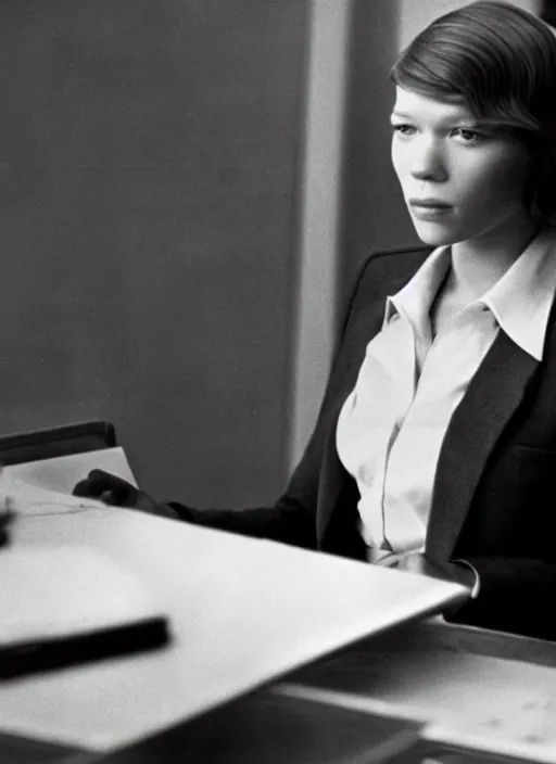 Image similar to A movie still of Lea Seydoux as Secretary of State in 1976 thriller movie.