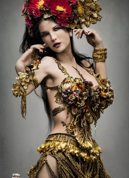 Image similar to expressive full body photo of a female model, ornate headpiece made from flowers, ornaments, glamour shot, by karol bak, by stefan gesell, photorealistic, canon r 3, fashion photography, hyper maximalist, elegant, ornate, luxury, elite, environmental portrait, symmetrical features, octane render, unreal engine, solid dark grey background, dramatic lights