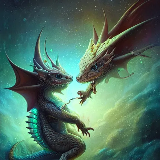 Image similar to a hyperrealistic illustration of a cute and tiny dragon that glows in the dark, dragon baby, glow in the dark, fractal moonlight, little dragon with glowing scales, award - winning, masterpiece, in the style of tom bagshaw, cedric peyravernay, peter mohrbacher