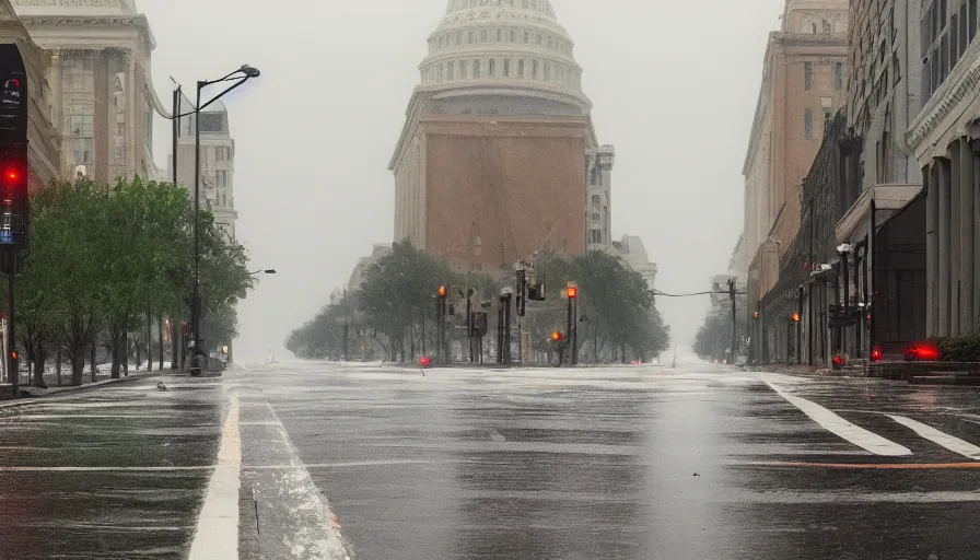 Prompt: empty wet streets of washington dc, rainy day, leafs, dirty ground, hyperdetailed, artstation, cgsociety, 8 k