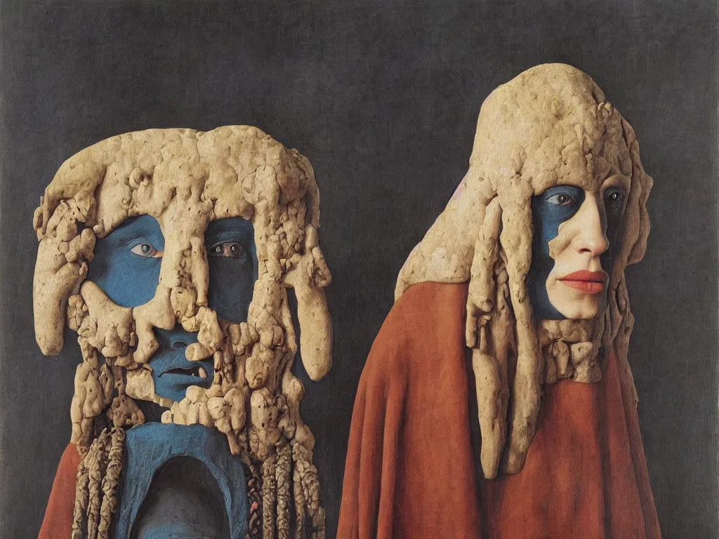 Prompt: Portrait of albino mystic with blue eyes, with totemic archaic mask made from hard lava stone. Painting by Jan van Eyck, Audubon, Rene Magritte, Agnes Pelton, Max Ernst, Walton Ford