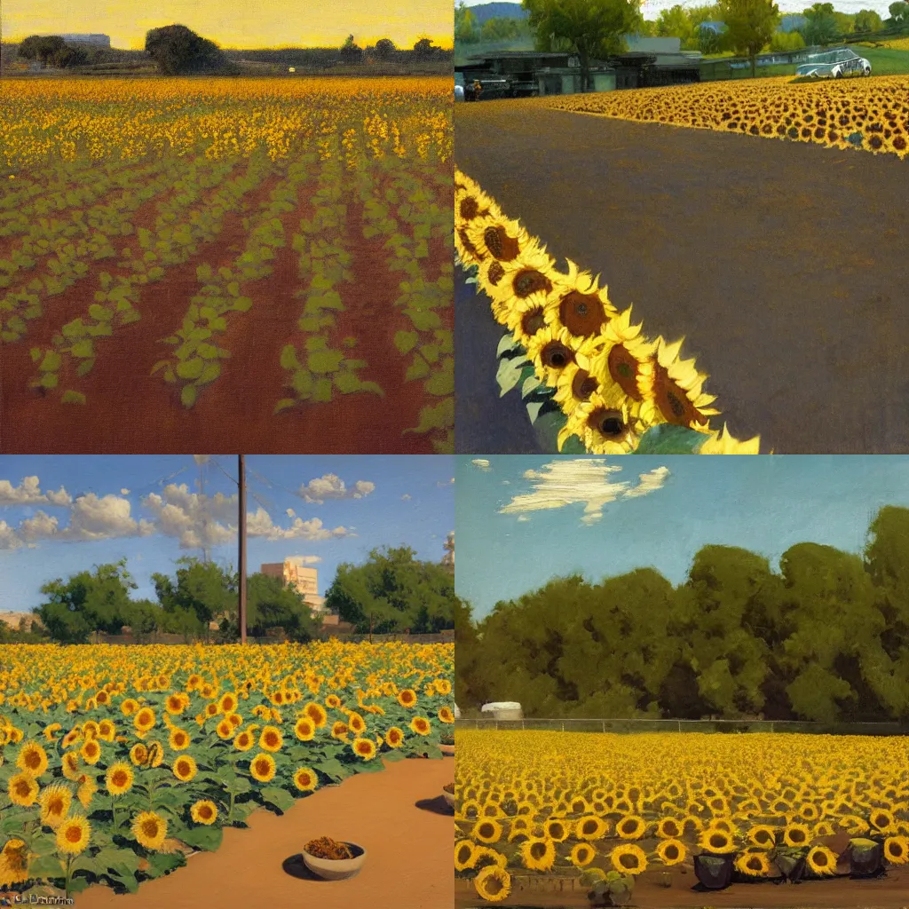 Prompt: An oil painting of a dirt parking lot for a sunflower field on a soft spring morning in the style of syd mead and phil hale john william waterhouse, sfumato