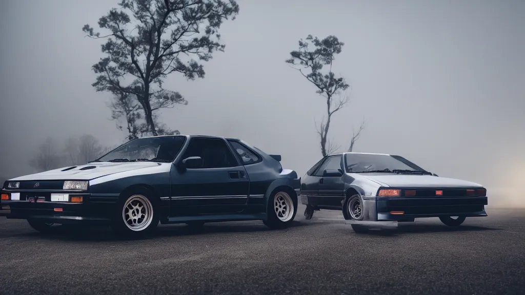 Image similar to a trueno ae 8 6 with pop up headlights, cinematic, long exposure, white balance, 8 k, led, lumen global illumination, fog, ray tracing reflections