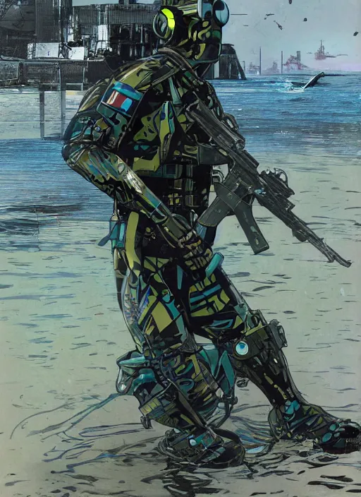 Image similar to Chidi. USN blackops operator emerging from water at the shoreline. Operator wearing Futuristic cyberpunk tactical wetsuit and looking at an abandoned shipyard. Frogtrooper. rb6s, MGS, and splinter cell Concept art by James Gurney, Alphonso Mucha. Vivid color scheme.