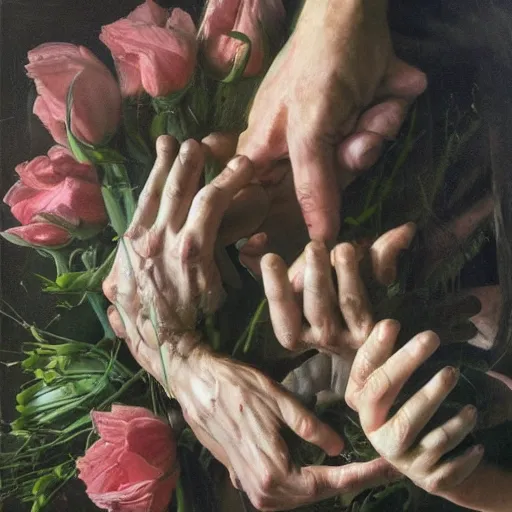 Prompt: a lot of hands touching flowers, by Jenny saville. Dark and atmospheric