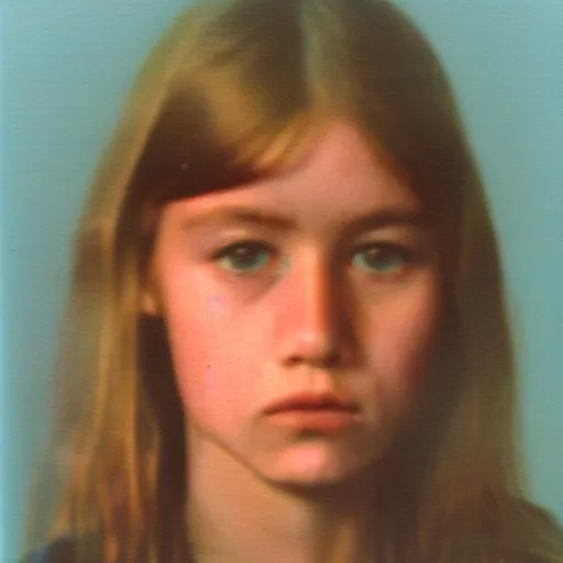 Image similar to Mugshot Portrait of Coucou Chloe, taken in the 1970s, photo taken on a 1970s polaroid camera, grainy, real life, hyperrealistic, ultra realistic, realistic, highly detailed, epic, HD quality, 8k resolution, body and headshot, film still, front facing, front view, headshot and bodyshot, detailed face, very detailed face