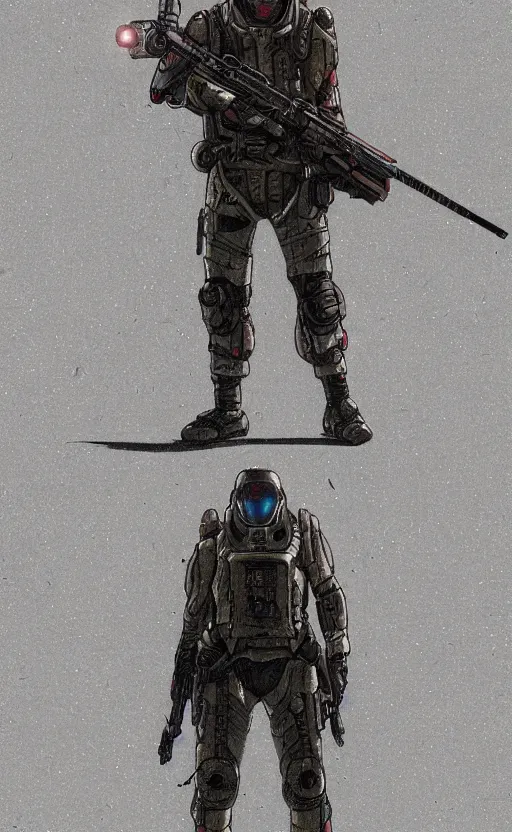 Image similar to a cyberpunk soldier with tactical gear and a rifle patrols a Japanese city on mars, Industrial Scifi, detailed illustration, character portrait, by Martin Grip and Moebius