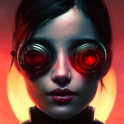 Prompt: close - up portrait of a young beautiful cyberpunk woman, mirror eye implants, short black hair, sunset, painted by seb mckinnon, high detail, digital art, painted by greg rutkowski, trending on artstation