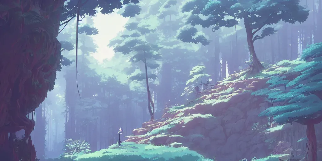 Image similar to ghibli style forest landscape, artstation, elegant, highly detailed, digital painting, concept art, smooth, sharp focus, illustration, art by don bluth and michel ocelot and makoto shinkai and tom whalen and atey ghailan and akihiko yoshida