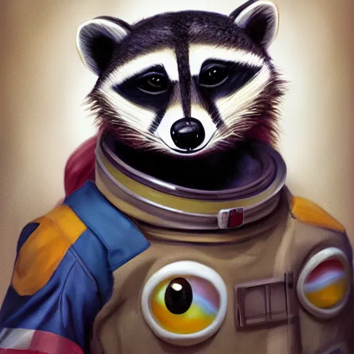 Prompt: painting of an anthropomorphic raccoon astronaut with ref half - furaffinity, digital painting, detailed, by disney, pixar