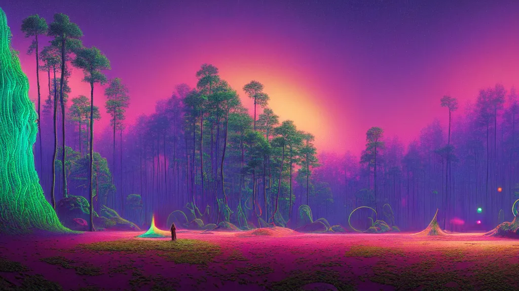 Prompt: highly detailed holographic iridescent glowing erhereal sci fi world with forests, deserts, oceans, at dusk, by gilbert williams, by simon stalenhag, by beeple, by bruce pennington, by moebius, juxtapoz, dynamic composition, octane render, with many different pastel shades of blue pink orange yellow green, beautiful lighting, prismatic