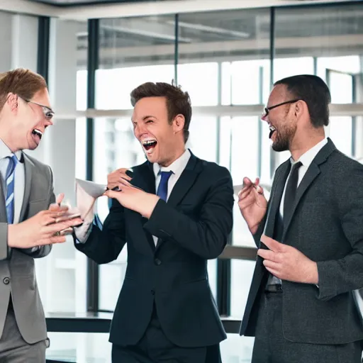 Prompt: stock photo of three people laughing wearing suits and ties in an office building, 8k resolution, full HD, cinematic lighting, award winning, anatomically correct
