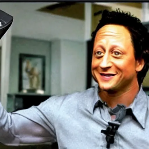 Prompt: movie still of rob schneider as an xbox, directed by michael bay