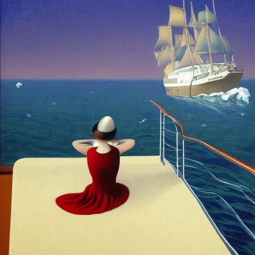 Prompt: a fantastic voyage on a beautiful ship by Raphael, Hopper, and Rene Magritte. detailed, romantic, enchanting, trending on artstation.
