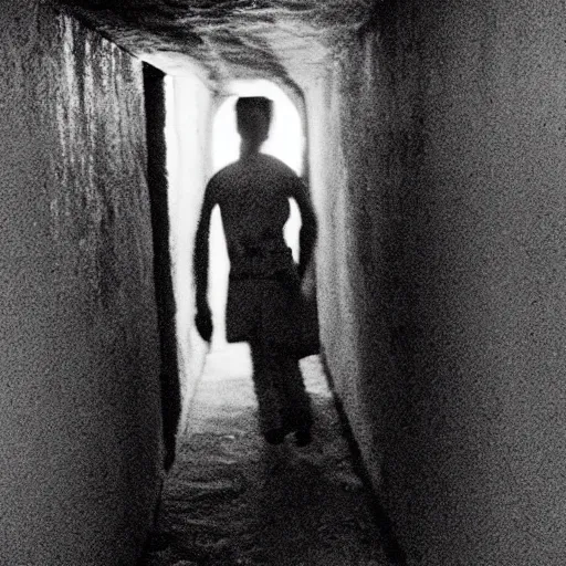 Image similar to creepy, incredibly tall, skinny and pale creature lurking in the catacombs captured on film camera