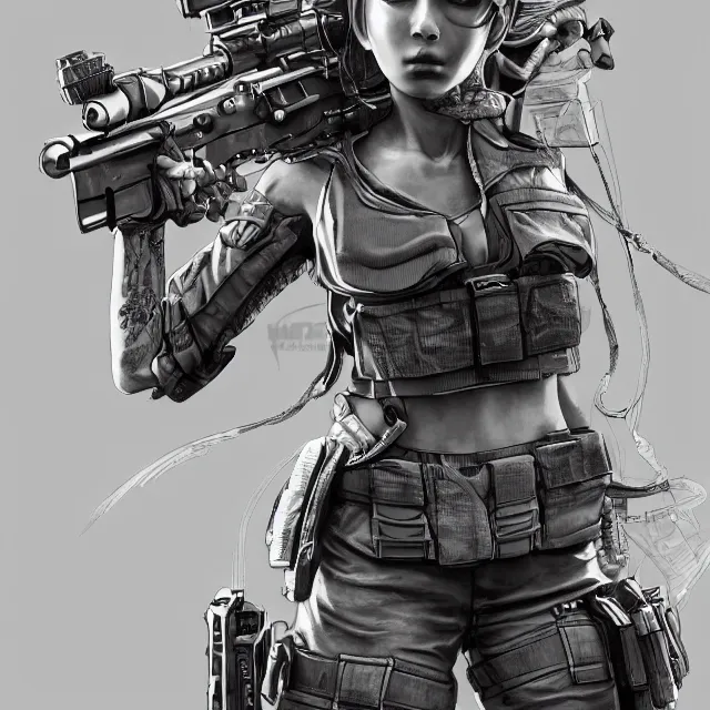 Image similar to the hyperrealistic portrait of lawful neutral female futuristic marine sniper as absurdly beautiful, gorgeous, elegant, young anime gravure idol, an ultrafine hyperdetailed illustration by kim jung gi, irakli nadar, intricate linework, bright colors, octopath traveler, final fantasy, unreal engine 5 highly rendered, global illumination, radiant light, detailed and intricate environment