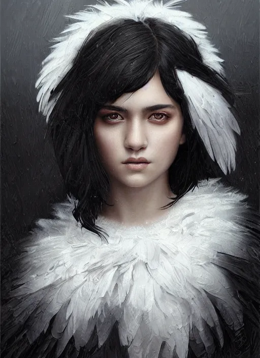 Image similar to a teenage girl with very short black hair and a huge cloak made of grey and black feathers. beautiful highly detailed face. beautiful painting by artgerm and greg rutkowski and raymond swanland, detailed portrait, closeup