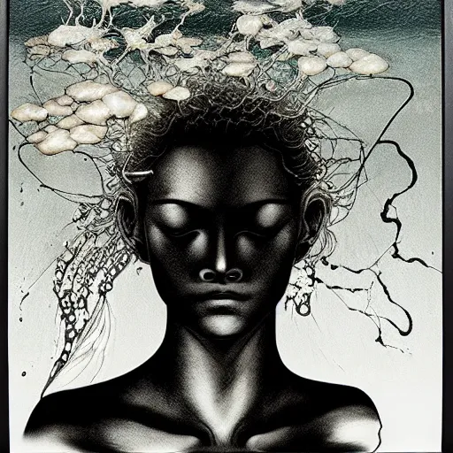 Prompt: prompt: Black and white Fragile looking vessel portrait face drawn by Katsuhiro Otomo, nymph in the water performing alchemy, intricate oil painting, soft light, intricate detail, intricate oil painting detail, sharp high detail, manga and anime 2000