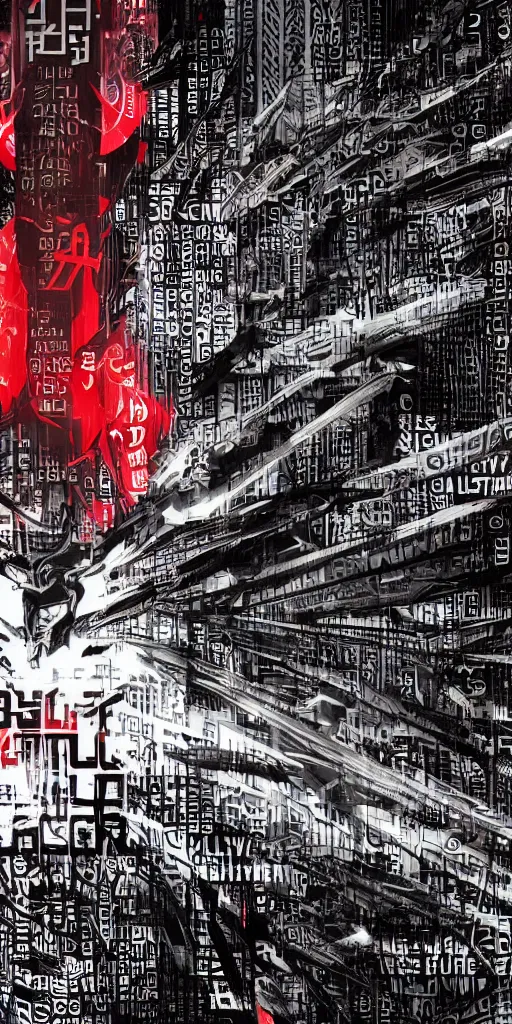 Prompt: a photo of a banner with symbols, cyberpunk logos of megacorporations by tsutomu nihei, futuristic font glyphs, black white red, sci fi font, graphic design, 8 k, innate studio